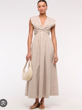 Abercrombie & Fitch Beige Gingham Twist-Front Maxi Dress